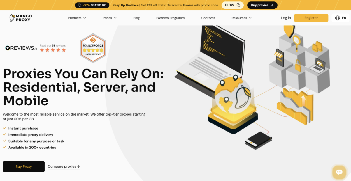 MangoProxy homepage with an overview of its proxy services