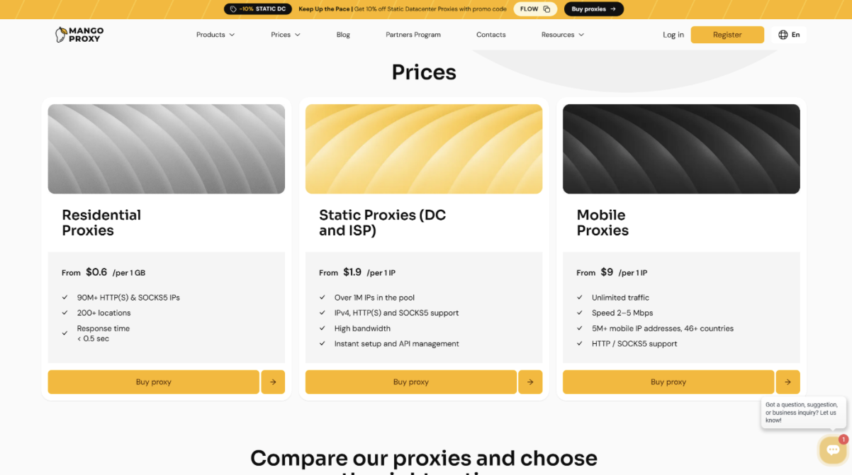 MangoProxy pricing cards for residential proxies, static datacenter and ISP proxies, and mobile proxies
