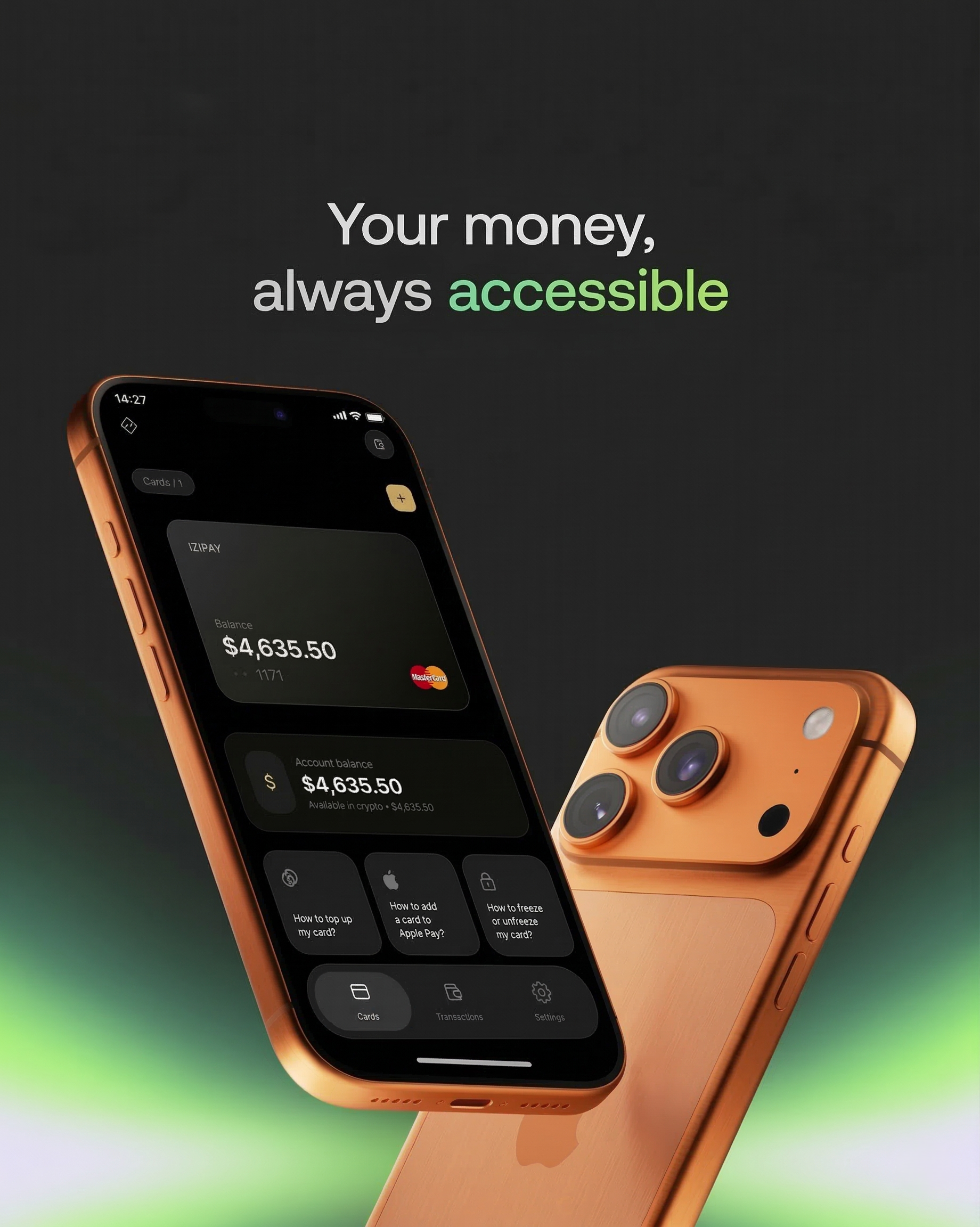 An iPhone displaying the Google home page on a wooden desk, fanned out next to black IZIPAY and other payment cards, illustrating a privacy crypto card.