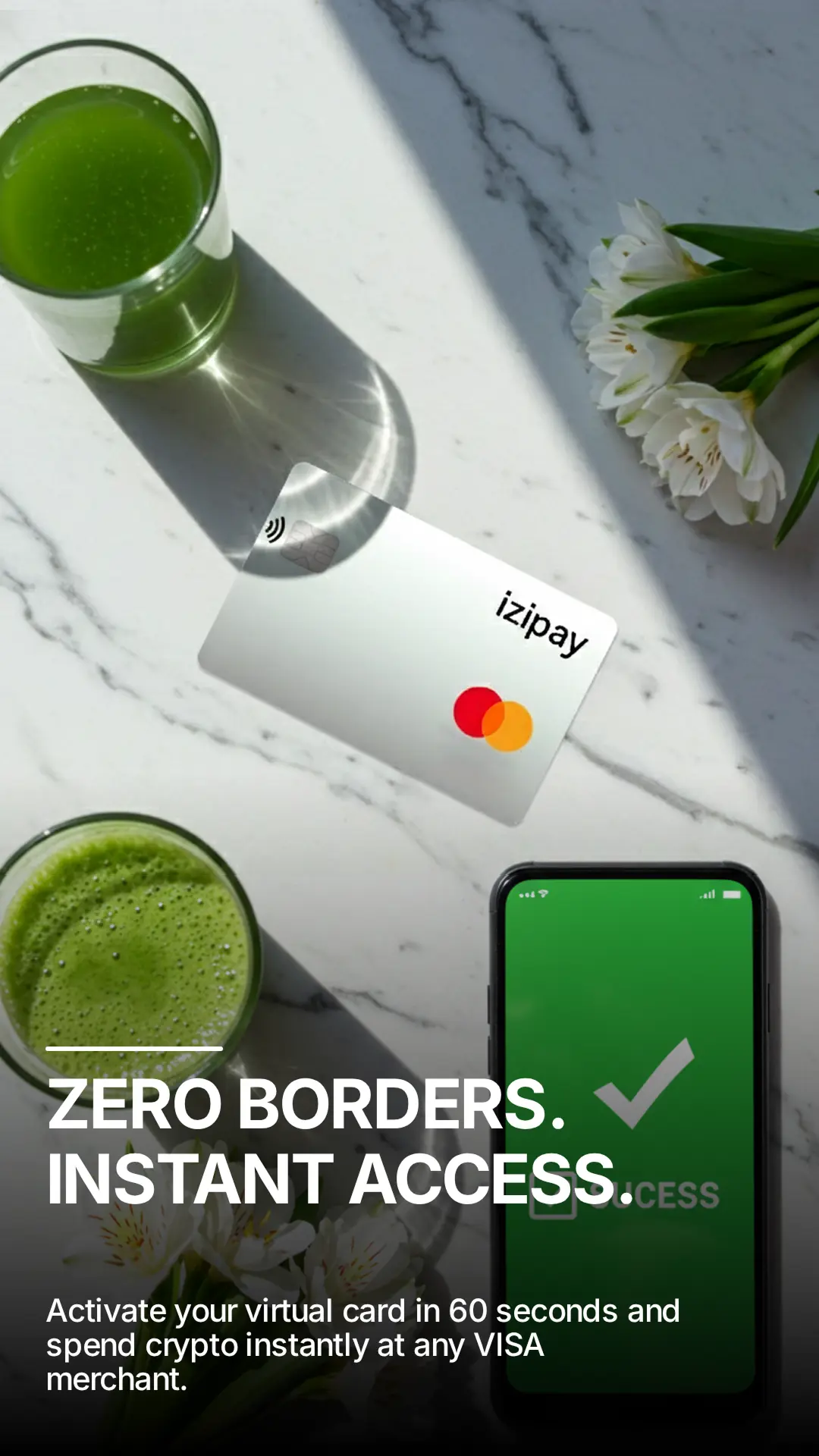 Izipay virtual card being used for instant crypto spending at a VISA merchant with 60 second activation