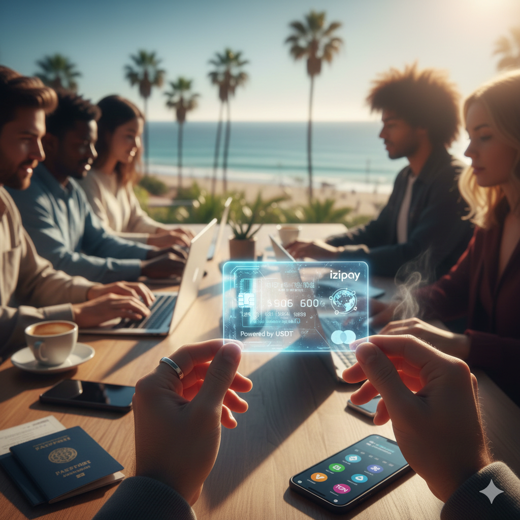 A digital nomad using an iPhone 17 Pro in Bali to manage crypto payments with Bitcoin, Ethereum, and Tether via a virtual card.