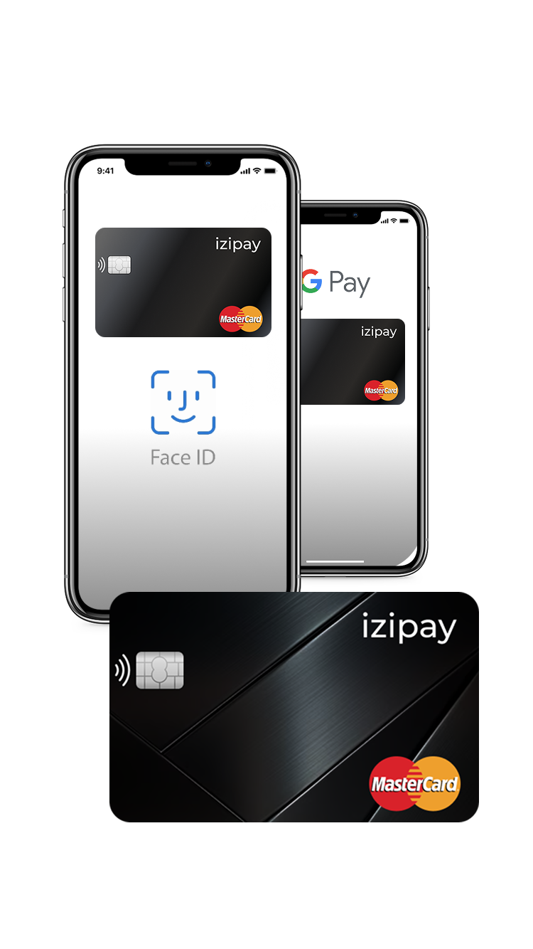 Close-up of three dark IZIPAY cards fanned out behind an iPhone displaying the Google app. The scene represents secure and private crypto-funded payments for Google services like YouTube Premium.