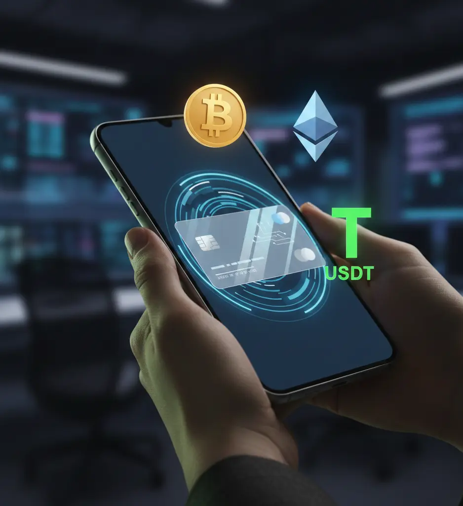 Hands holding a smartphone displaying a virtual IZIPAY card with glowing holographic Bitcoin, Ethereum, and USDT icons in a dark digital setting.