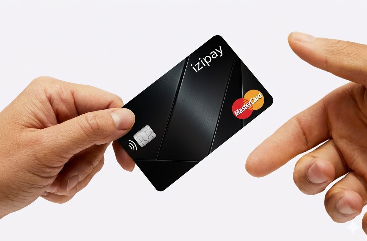 Two hands securely exchanging a sleek black IZIPAY Mastercard, illustrating how to easily pay for Netflix and Gemini subscriptions with crypto.