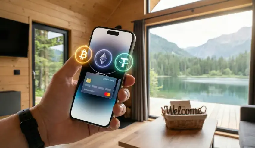 A traveler using an iPhone 17 Pro to pay for an Airbnb cabin stay with a virtual crypto card showing Bitcoin, Ethereum, and Tether icons.