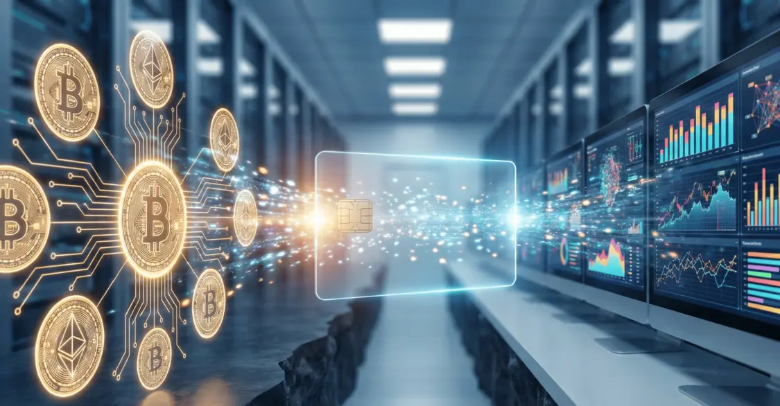 A digital bridge connecting Bitcoin and Ethereum assets to a virtual credit card used for paying Semrush SEO tool subscriptions on data monitors.