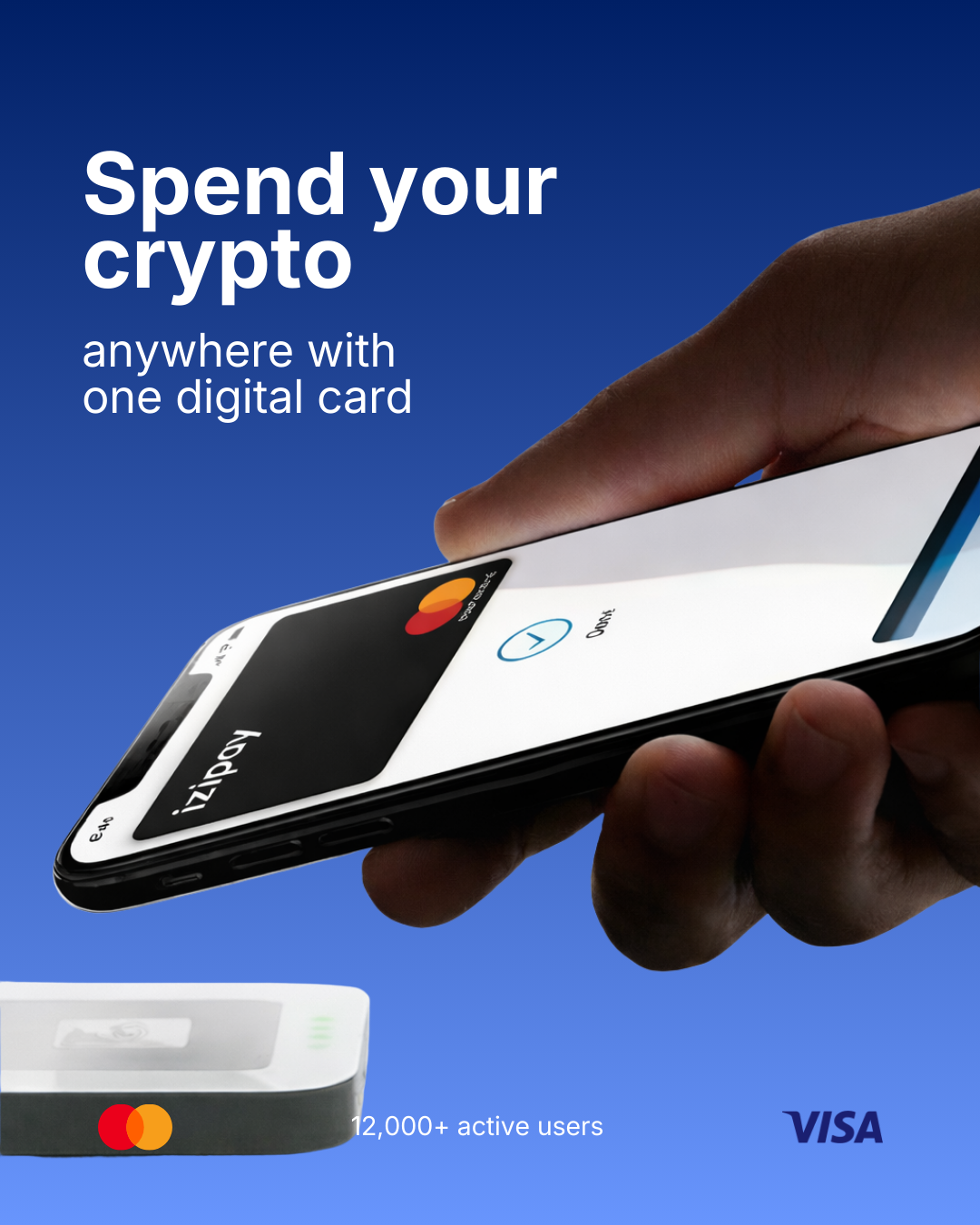 A high-end portrait view showing a left hand presenting a black IZIPAY Mastercard with an EMV chip and contactless symbol to a right hand that is reaching to receive it against a clean white studio background, visualizing the security protocol required to add a crypto card to mobile wallets.