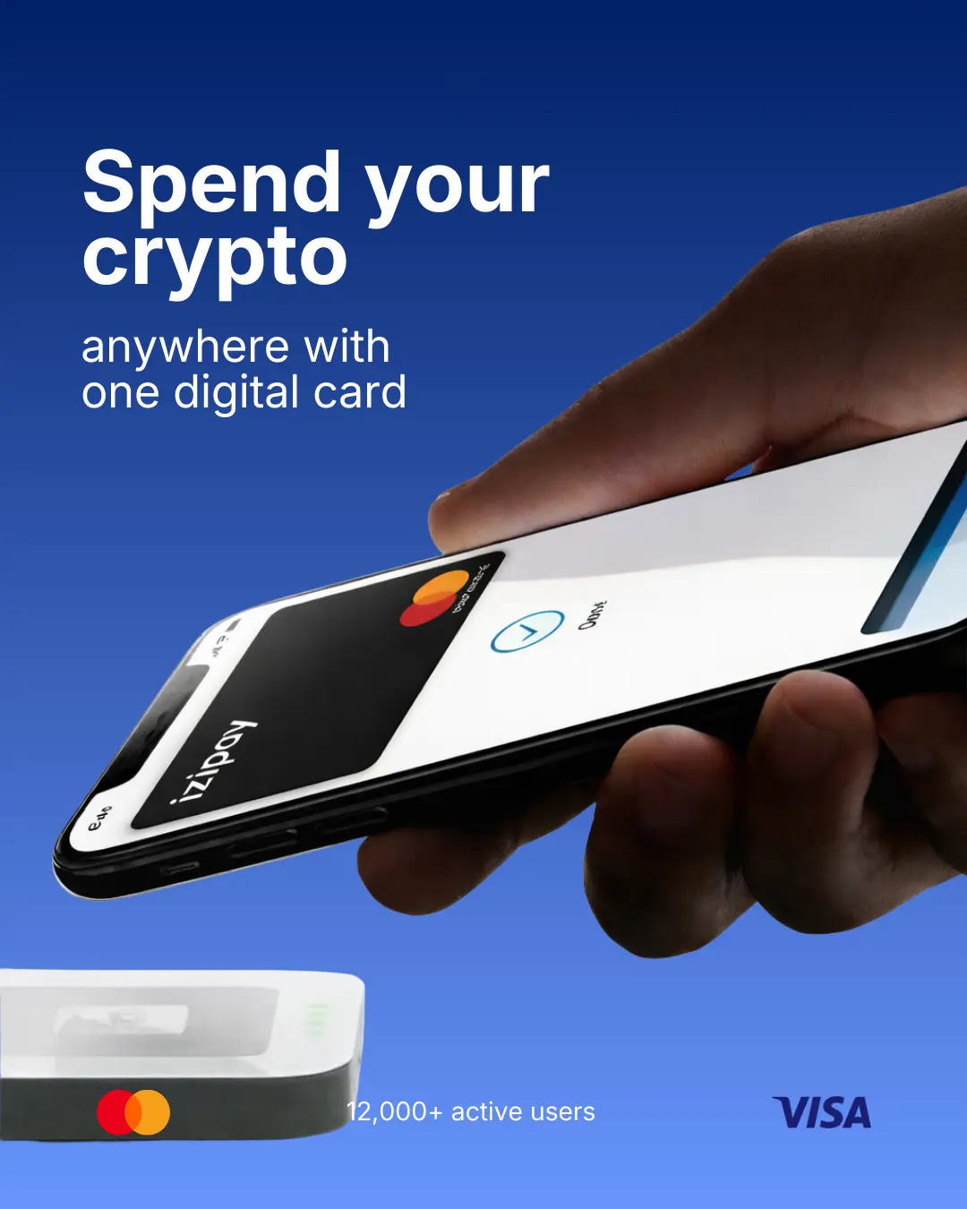 A fanned-out view of an iPhone behind three black IZIPAY no-KYC crypto debit cards resting fanned out on a light oak desk, illustrating how to spend USDT anonymously.